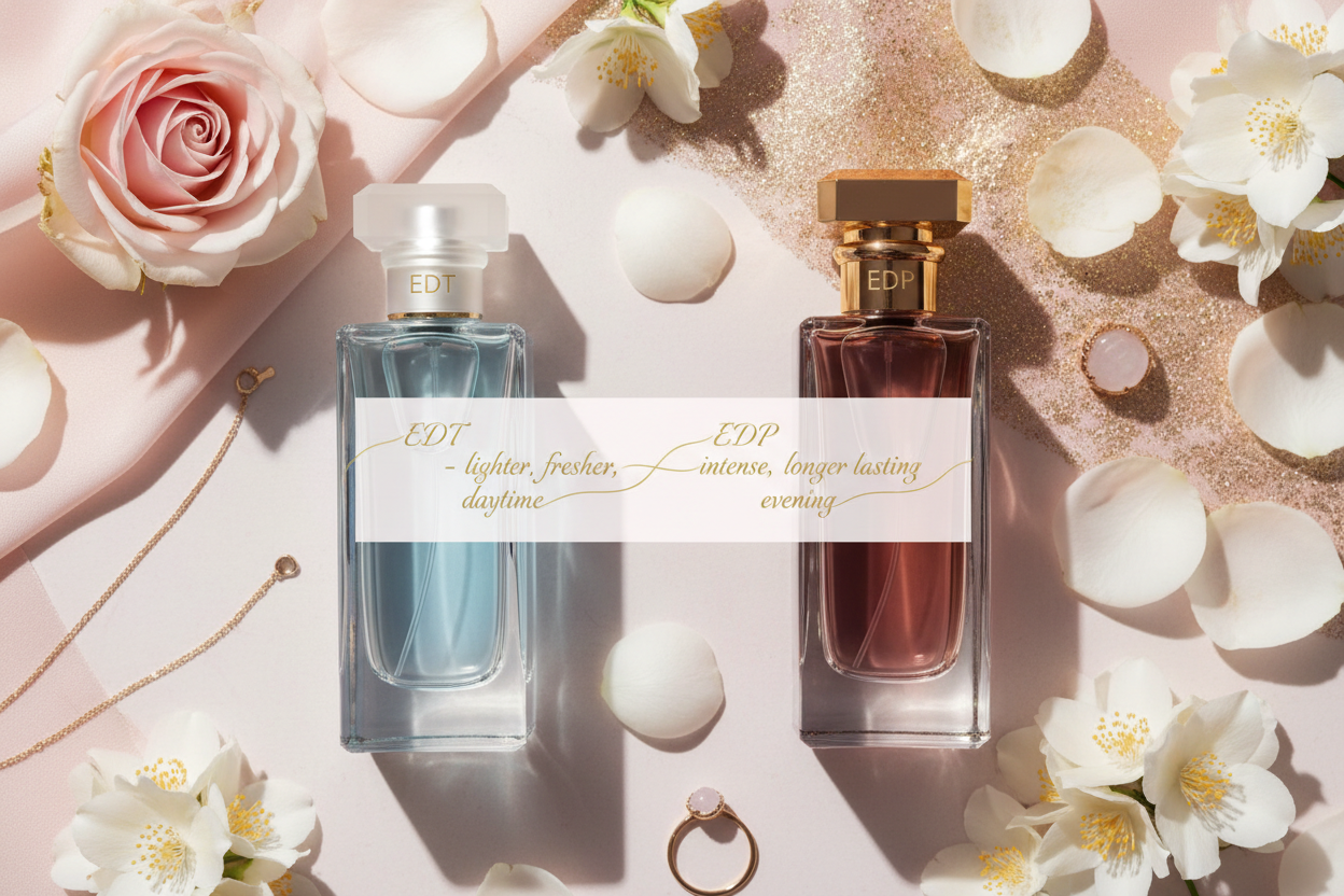 Infographic comparing Eau de Toilette (EDT) and Eau de Parfum (EDP) concentrations and longevity on a clean aesthetic background